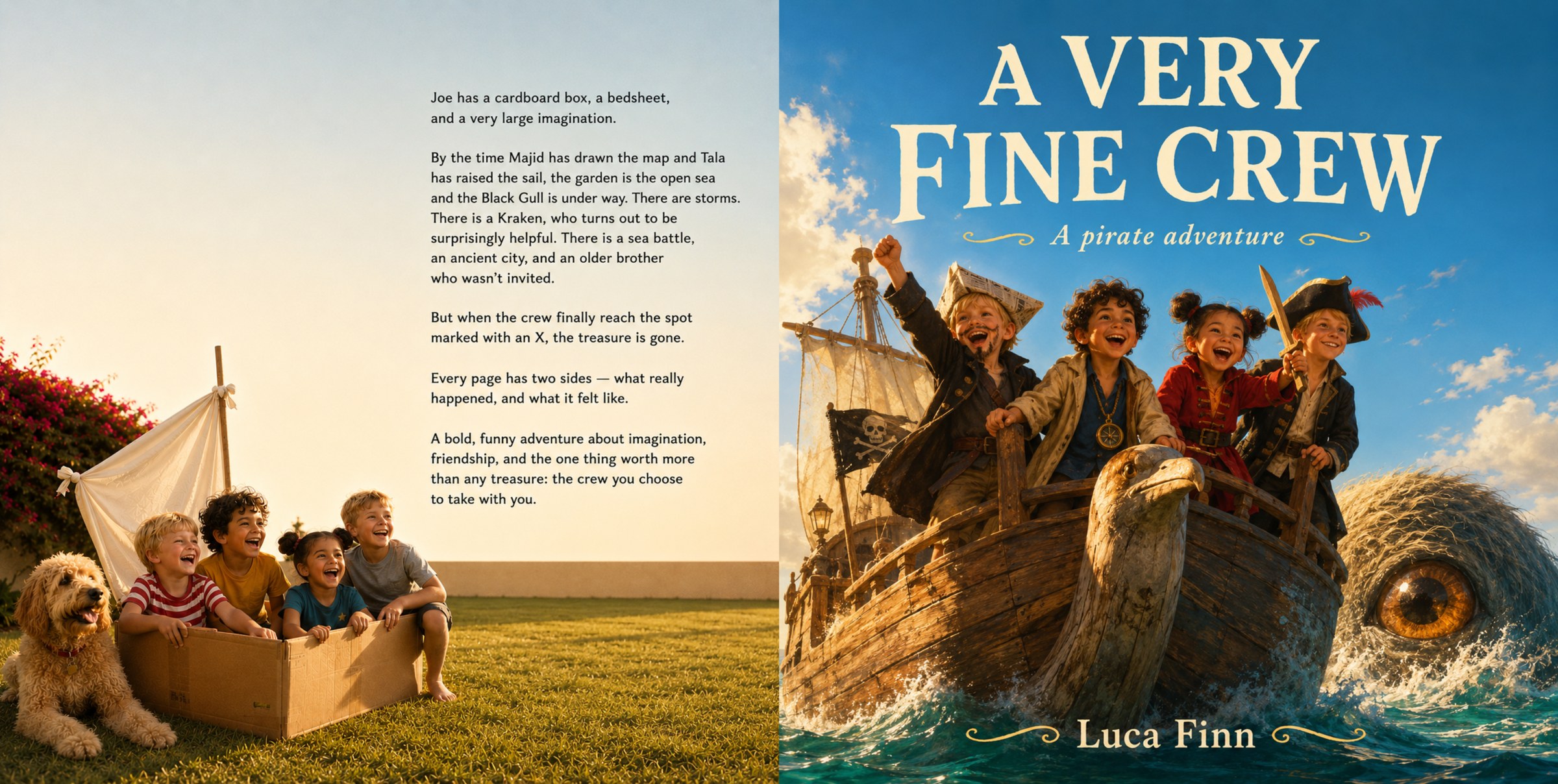 A Very Fine Crew front cover, with four young pirates sailing a ship past a sea creature