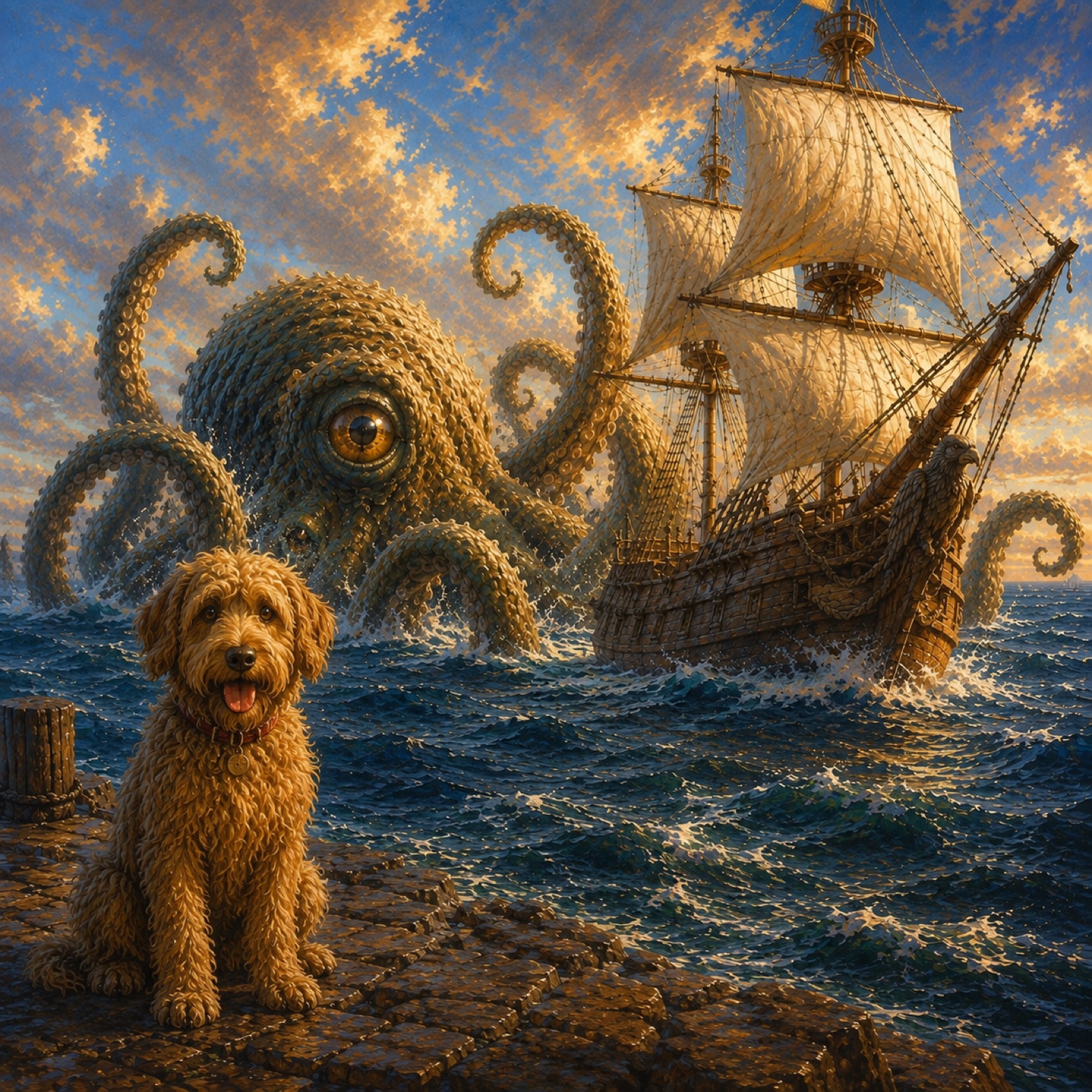 Nelson, a kraken and a ship on a golden sea