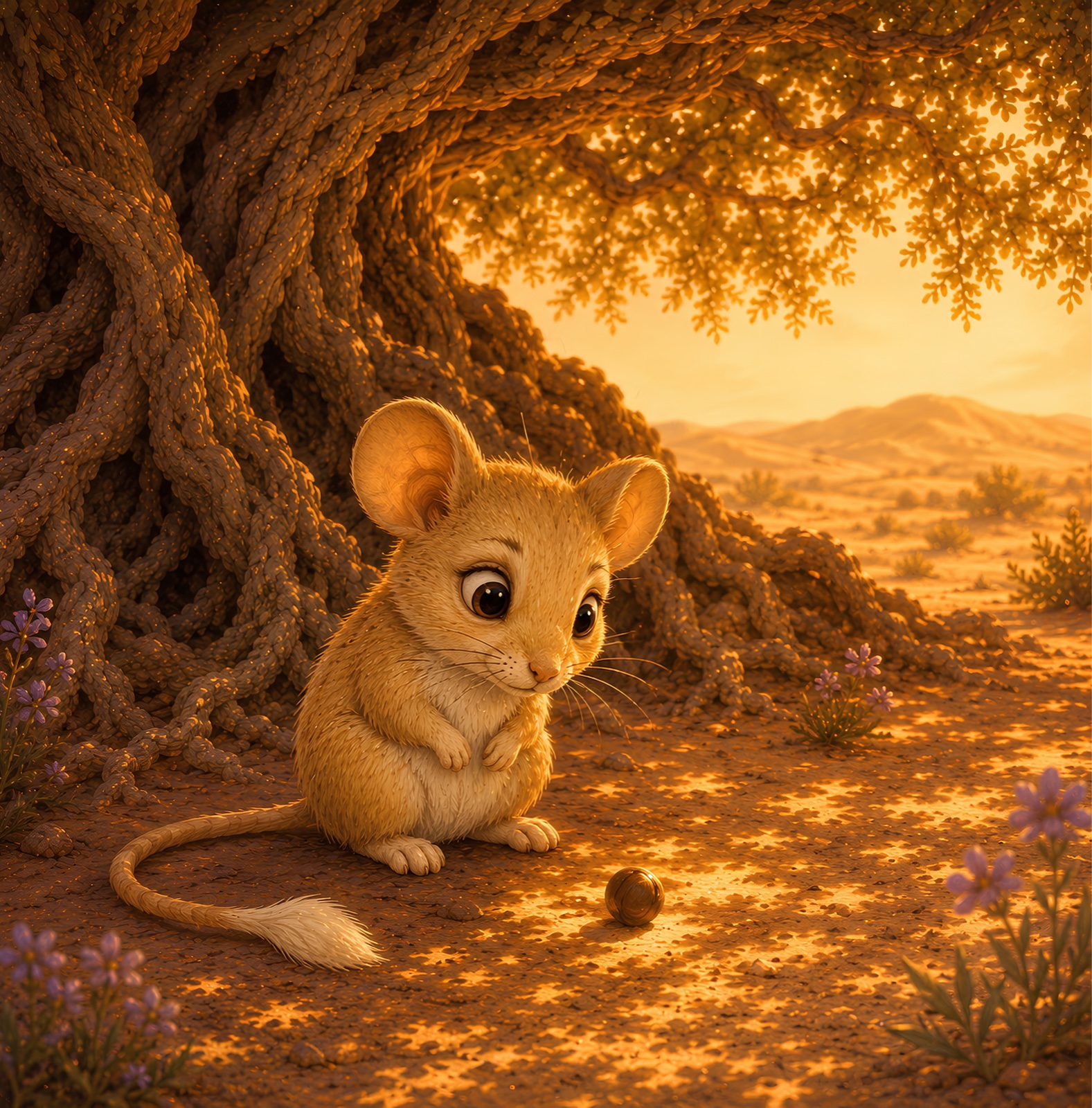 Nour considering a little seed beneath the tree