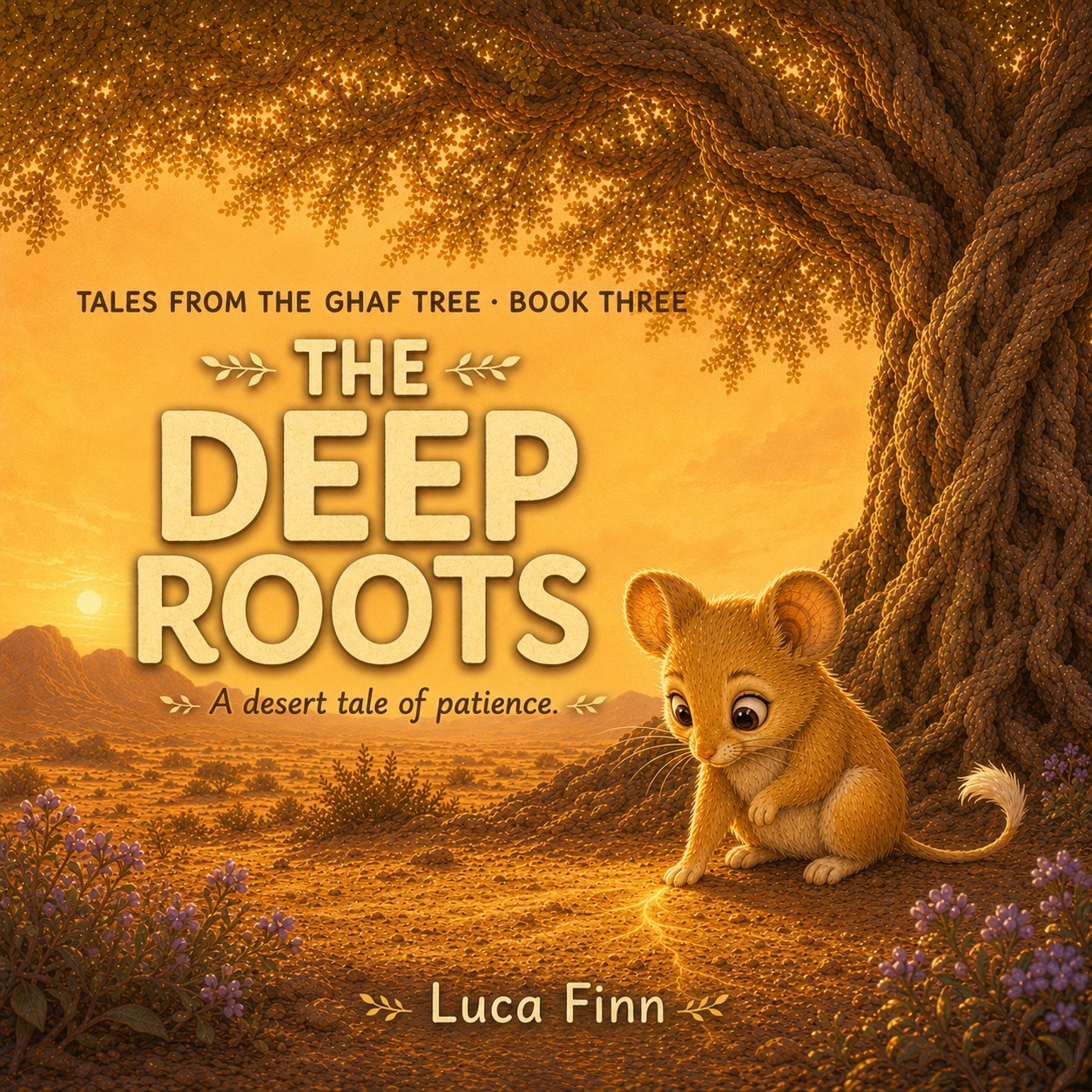 The Deep Roots front cover with a little mouse beneath a ghaf tree